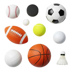 Sports equipment: baseball, soccer ball, tennis ball, basketball; flat lay on white background, top-down, sharp focus, bright studio lighting. Concept of sports variety