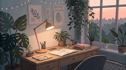 A cozy desk area with plants and a lamp in front of a window with a city view at sunset time