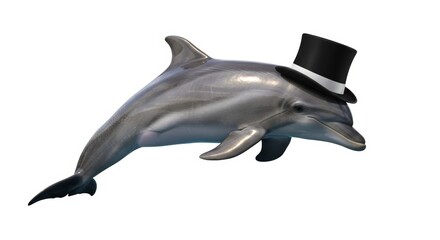 Obraz premium dolphin wearing a top hat, formal attire, on a solid white background