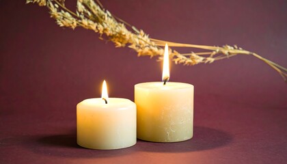 A close-up depicts two lit candles against a rich burgundy backdrop, with a sprig of dried plant life