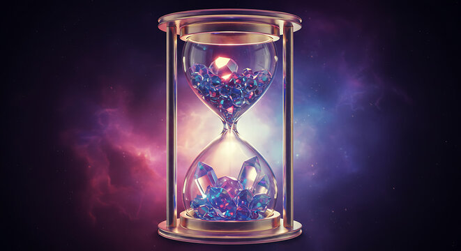 Hourglass filled with sparkling gems against a cosmic nebula background
