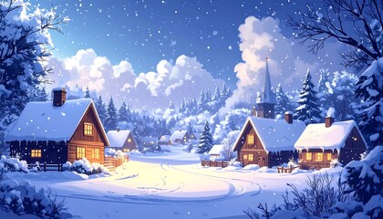A cozy, animated winter village scene, covered in snow, with illuminated houses, nestled among snowy trees and a gentle snowfall