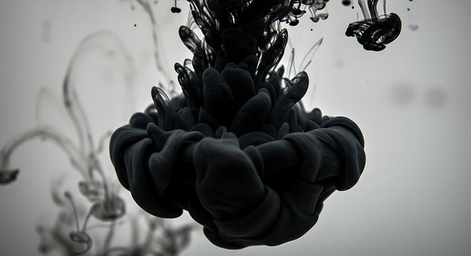 Black ink cloud swirling in water, abstract macro photography
