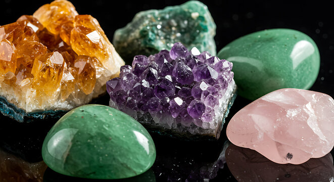 Assortment of polished and raw gemstones including amethyst and citrine
