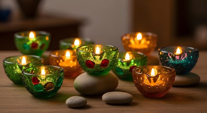 Vibrant oil lamps glow on a rustic wooden surface with decorative stones, creating a warm, festive atmosphere.