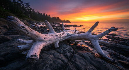 Vibrant sunset over the ocean with driftwood on a rocky shore