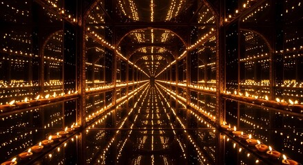Obraz premium Infinite reflection of illuminated traditional oil lamps in a mirrored dark room creating a spiritual ambiance
