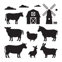 Farm Animal and Rural Landscape Silhouette Set

