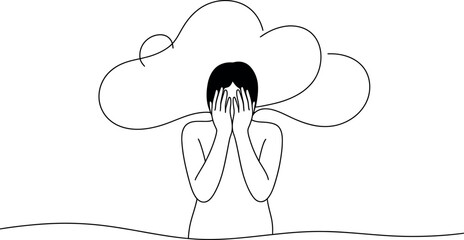 Line art of woman covering face feeling overwhelmed by her thoughts