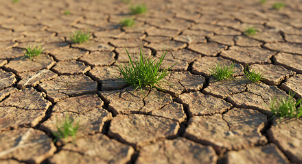 Cracked dry earth with sparse green grass sprouting through the arid soil