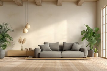 Japandi Style Living Room with a Grey Sofa and Wooden Beams