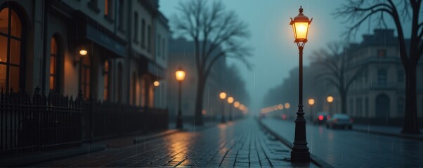 Fototapeta premium Vintage Streetlamp Rainy City Scene