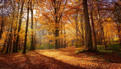 Fototapeta premium Autumn In The Forest With Golden Leaves On Trees