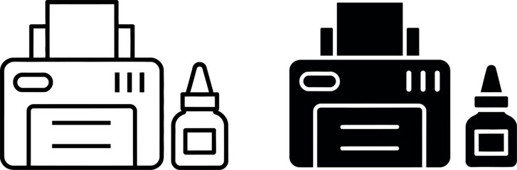 Printer and Glue Bottle Office Equipment Black and White Icon Design