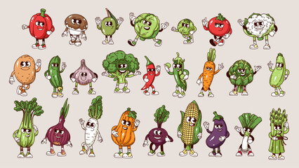 Groovy vegetable cartoon characters set. Funny retro happy with smiles on cute faces, roots and green leaf. Food mascot, cartoon vegetable stickers collection of 70s 80s style vector illustration