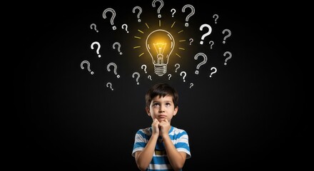 Boy looks up at glowing lightbulb surrounded by question marks on black background.