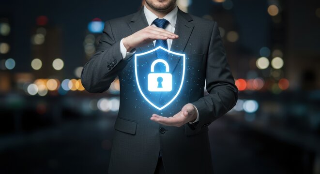 Businessman protects glowing shield with padlock in a dark cityscape setting.