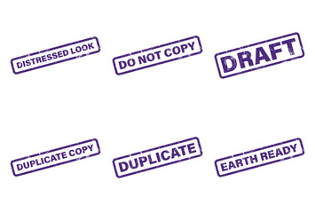 Set of Purple Grunge Rubber Stamps Distressed Look, Draft, Duplicate on White