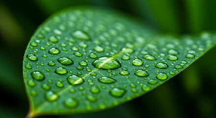 Fresh green leaf with shimmering water droplets, a captivating macro shot highlighting nature's intricate beauty, vibrant essence, and refreshing botanical textures
