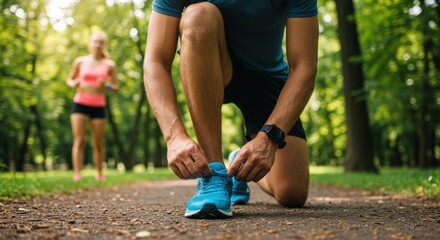 Man tying shoelaces on path in park woman running in background.