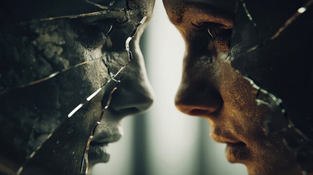 An artistic image of two faces reflected in a shattered mirror. One face is stone, the other gold. The image symbolizes duality, inner conflict, and identity - Powered by Adobe