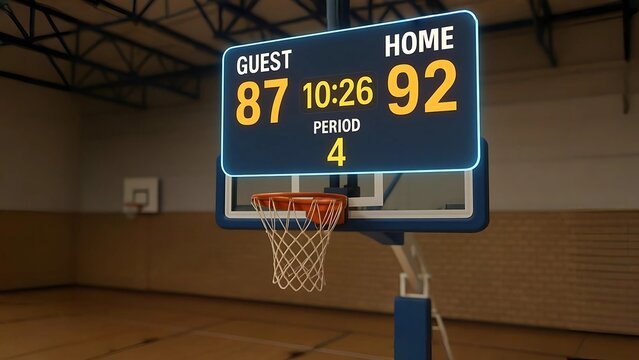Basketball Court with AR Scoreboard Floating Above Hoop