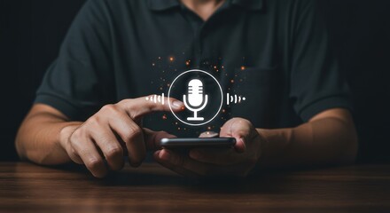Person using smartphone with microphone icon overlay digital communication technology.