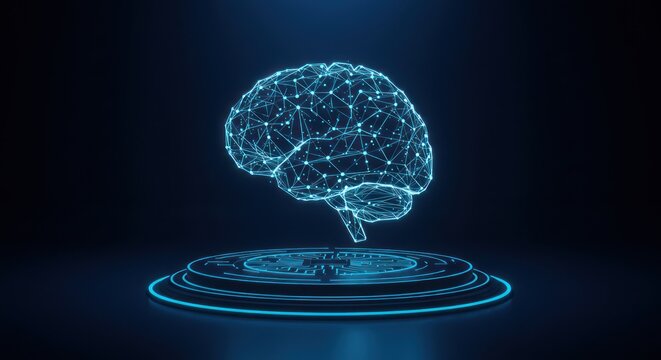 Digital brain model on a platform against a dark blue background. - Powered by Adobe