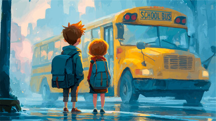 Two young students with backpacks are waiting for their school bus on a rainy morning, ready to start their school day