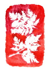 A watercolor silhouette of leaves on a vibrant red background. The white silhouettes stand out against the rich background, creating contrast and the feeling of a print or natural pattern.