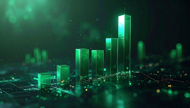 A vibrant data visualization featuring a 3D graph with rising green bars set against a network of illuminated connections, indicating growth