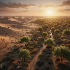 The transition from arid desert to a lush green valley: an aerial perspective of an oasis at dusk.