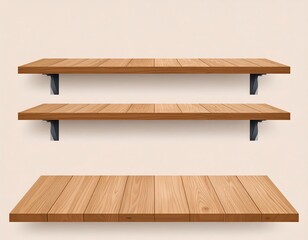 Two wooden shelves against a pale background