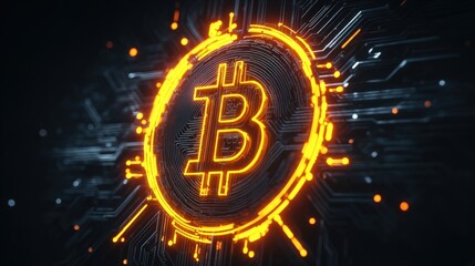 Bitcoin Illuminated: An eye-level shot captures the captivating glow of a bitcoin symbol, seamlessly interwoven with intricate circuit board patterns. 