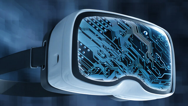 Virtual reality headset displaying intricate blue circuit board technology digital - Powered by Adobe