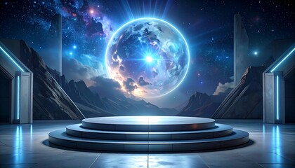 A futuristic, otherworldly podium stands against a backdrop of a celestial sphere and mountainous landscapes.