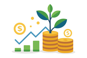 Stack of coins with a growing tree icon — surrounded by finance symbols