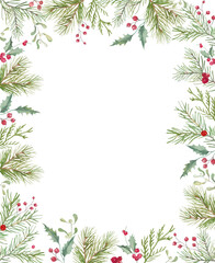  Watercolor Christmas Frame. Hand-Painted Illustration with Pine Branches, Holly Leaves, Red Berries, and Winter Greenery. Vector EPS.