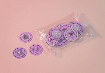 Plastic Pouch Round Sticker Pack Mockup