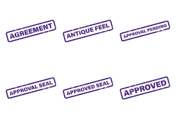 Set of Six Purple Rectangular Grunge Stamps Isolated on a Clean White Surface