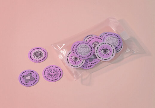 Plastic Pouch Round Sticker Pack Mockup