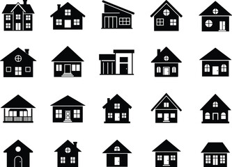 Fototapeta premium Collection of twenty black and white house icons, diverse residential architecture styles, modern and traditional home designs, vector illustration set