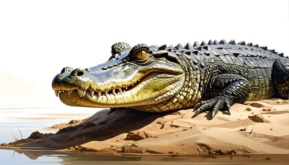 Obraz premium A large, detailed illustration of a relaxed caiman resting on a sandy bank, showcasing its textured scales and sharp teeth.