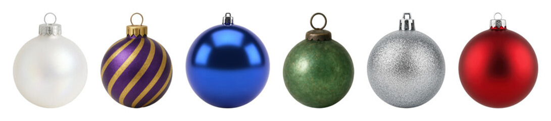 Christmas ornament set including white, purple, blue, green, silver, and red baubles isolated. Festive holiday season decoration.