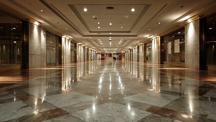 Wide-angle view of polished floor in empty shopping mall with glossy reflections from ceiling lights, emphasizing spacious modern commercial interior design