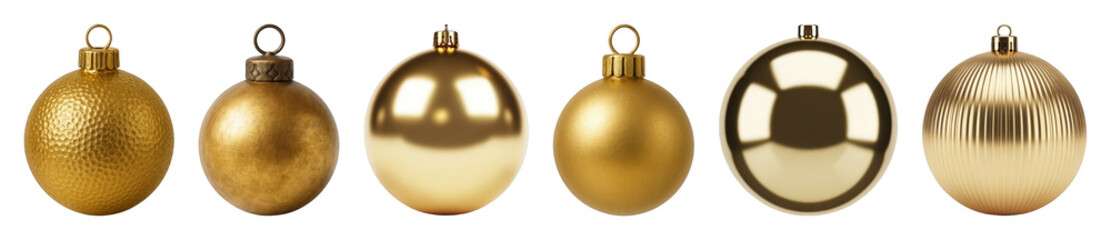 Obraz premium Golden Christmas ornaments set including hammered, brushed, glossy, matte, mirrored, and ribbed textures isolated. Festive holiday decoration collection.