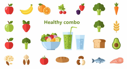 Healthy eating healthy eating and balanced diet concept with fresh fruits vegetables protein and grains for nutrition 100 vector