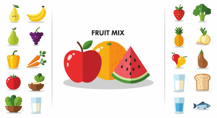 Healthy eating healthy food and fruit mix vector illustration, apple orange watermelon banana strawberry pineapple pear grape carrot vector