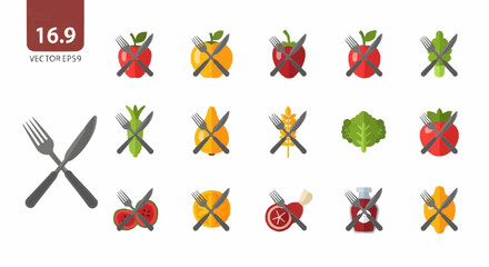 Healthy eating healthy eating concept with fruits and vegetables diet food with crossed cutlery fork and knife nutrition guide vector