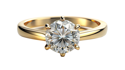 Closeup of a solitaire diamond ring with a gold band, isolated on transparent background, showcasing the brilliance and sparkle of the gem